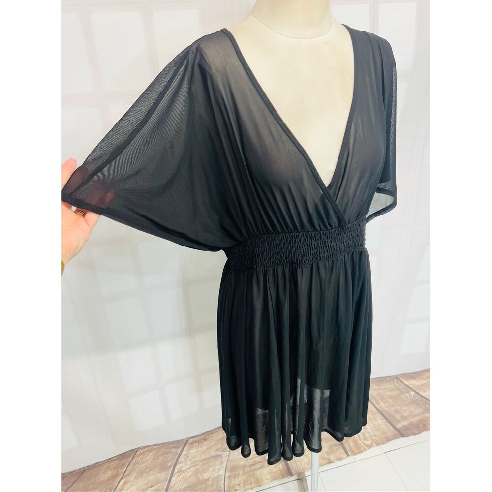 Torrid Deep Black Chiffon Smocked Waist Sheer Surplice Cover-Up Dress Size 1X - Picture 5 of 12